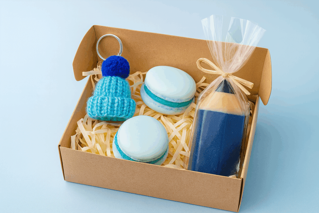 Coffret comprenant 2 macarons en savon et un crayon savon avec un petit bonnet porte-bonheur - la boîte à envies
