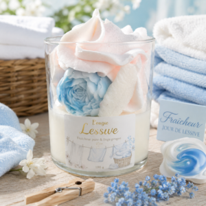 Bougie "jour de lessive" au parfum de fraîcheur, de propreté.