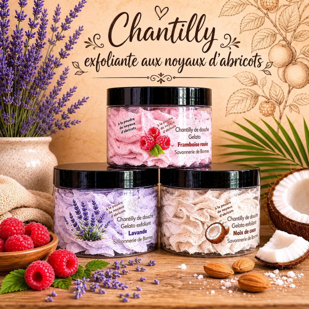 Chantilly exfoliante à la poudre de noyaux d'abricots - 3 parfums : noix de coco, framboise, lavande