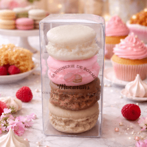 Macarons assortis coco, caramel, chocolat, framboise en coffret