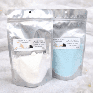 Poudre pétillante pour le bain à l'huile de coco bio - Parfum musc blanc