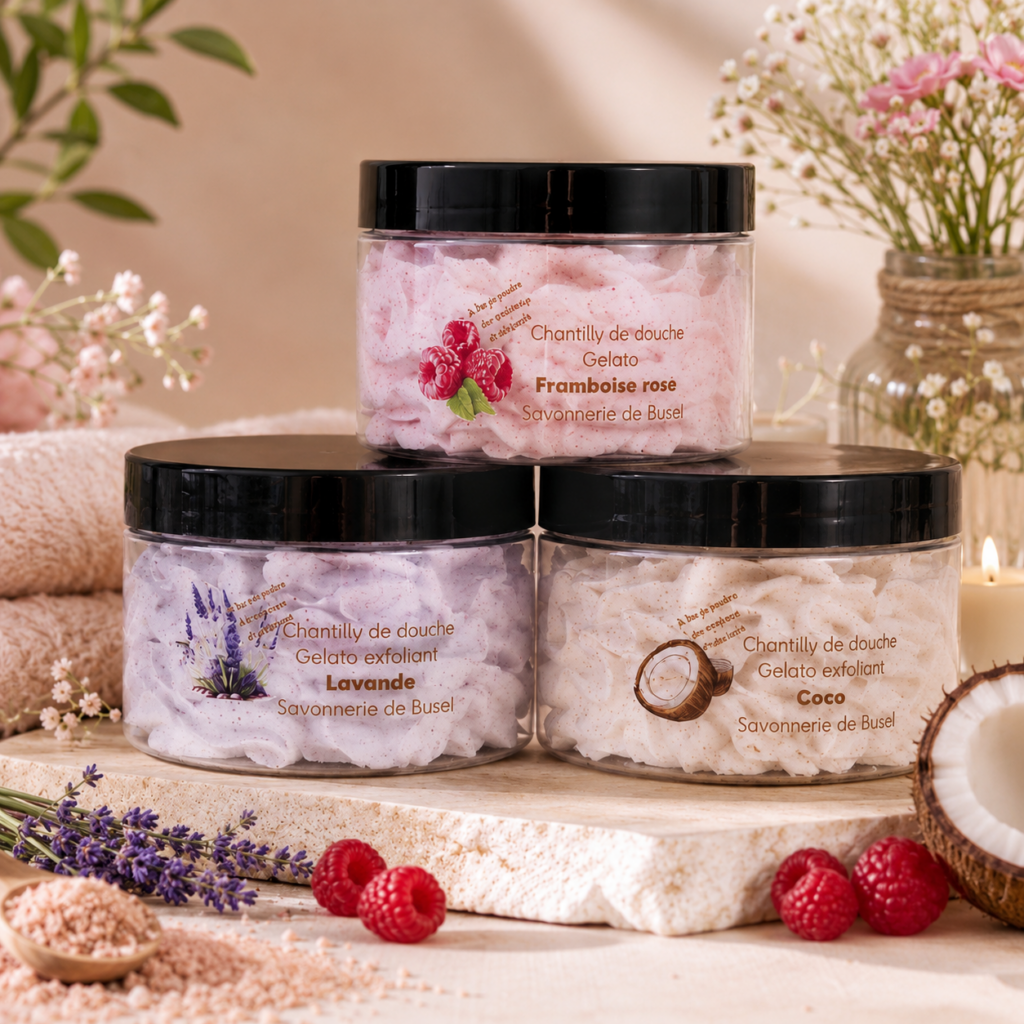 Chantilly de douche et bain exfoliante aux noyaux d'abricots - 3 parfums : lavande, framboise, noix de coco