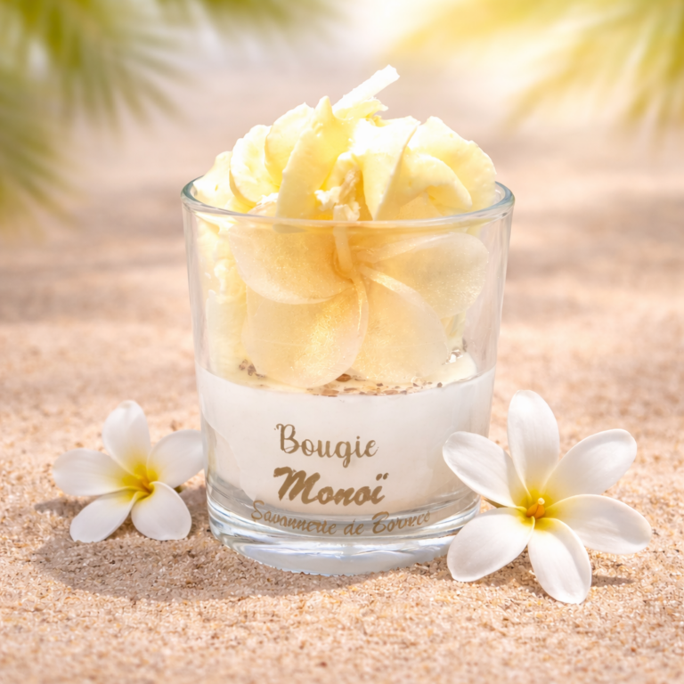 Bougie artisanale et gourmande avec fleur de monoï