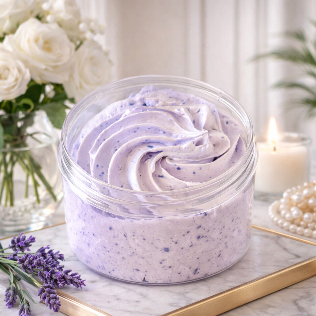 Chantilly de douche et bain exfoliante moussante et effervescente à la poudre de noyau d’abricot.