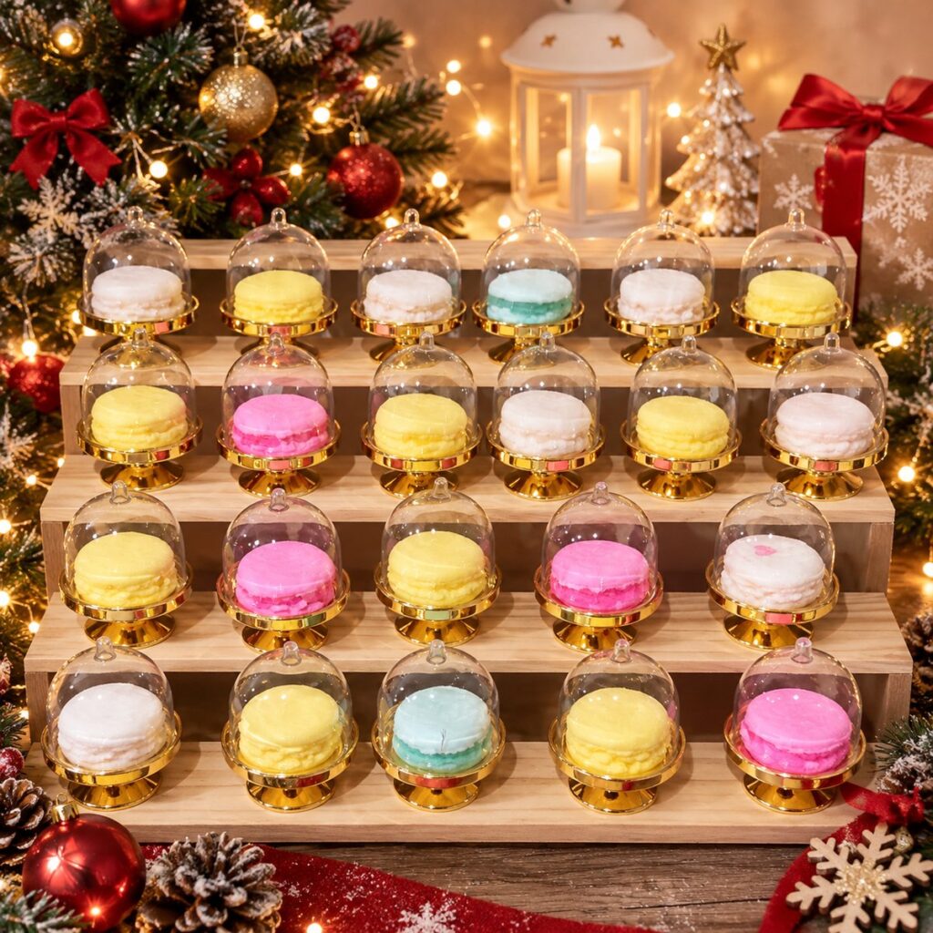 Bonbonnières avec macarons en savon - Parfums mimosa, noix de coco, marine, rose
