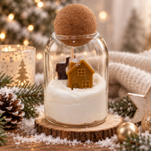 Bougie artisanale avec boule en liège - Village de Noël